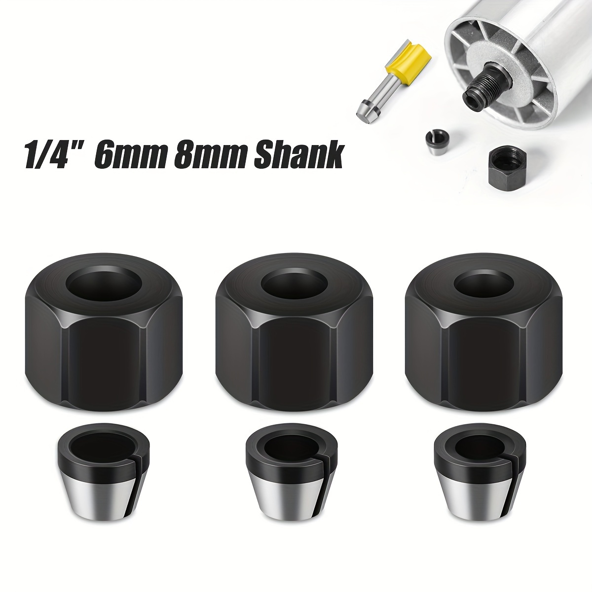 

6pcs Precision Router Collet Chuck Set With Nut, Carbon Steel - 6mm, 6.35mm, 8mm Shank For Woodworking, Engraving, Trimming, Electric Router Milling Cutter Accessories