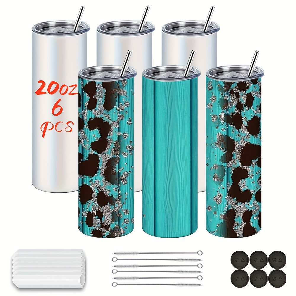 Image of 6pcs Sublimation Tumblers Bulk Straight Skinny Tumbler Blanks 20oz For Heat Transfer, Individual White , Double Wall Insulated Tumbler With Shrink Wrap Films & Rubber Bottom &