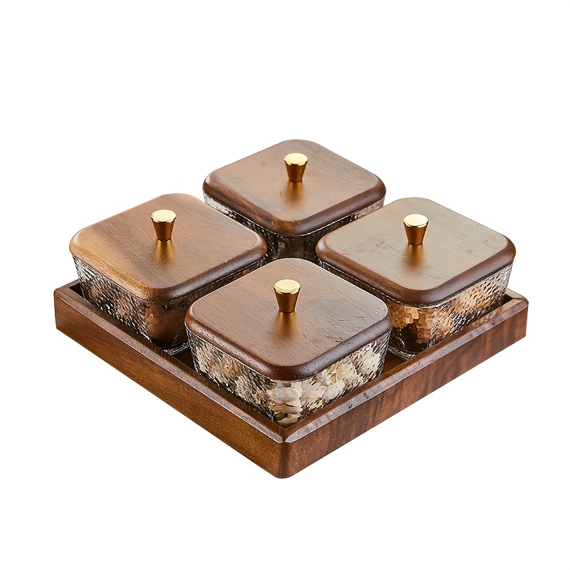 Image of Walnut Wood Fruit Platter, Glass Snack Tray, Elegant Display For Fruits, Nuts, And Desserts, Suitable For Family Celebrations