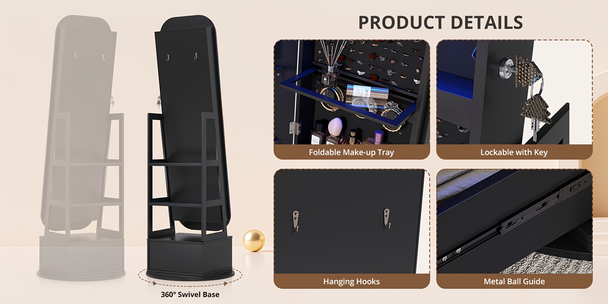 vintage inspired 360 swivel jewelry   cabinet with lights lockable full length organizer with storage drawer for bedroom decor Product details 4