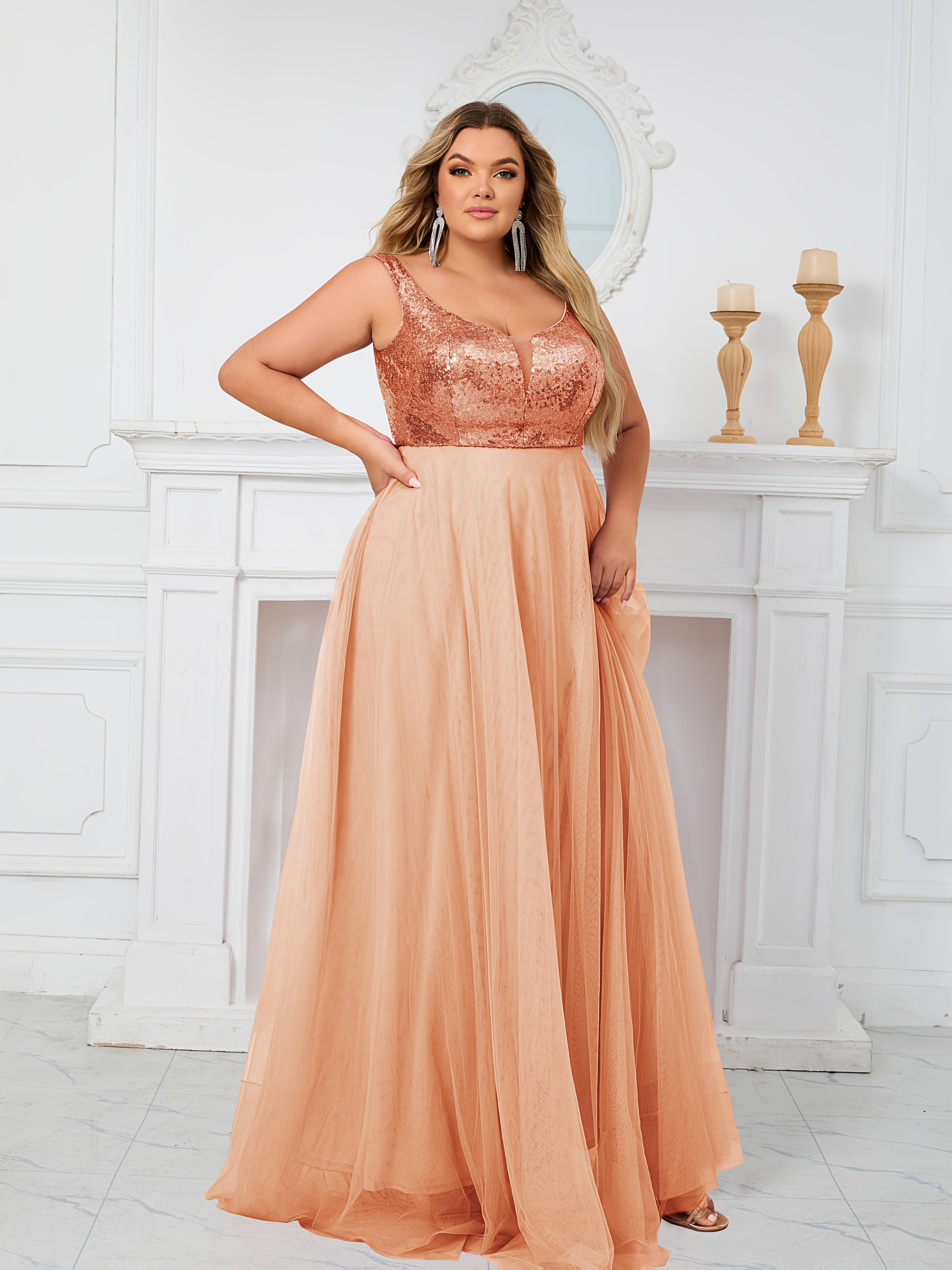green emerald velvet dress Plus-Size Sequin-Print Long Sleek Prom Dress -PromGirl Coral / 22w main image 0