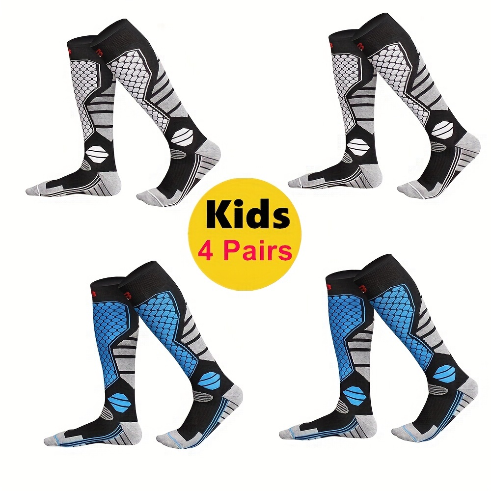 Image of 4-pair Set Of Thickened Warm Long Outdoor Sports Socks For Boys And Girls Aged 7-12, Suitable For Winter Outdoor Activities Such As Skiing, Ice Skating, And Mountaineering