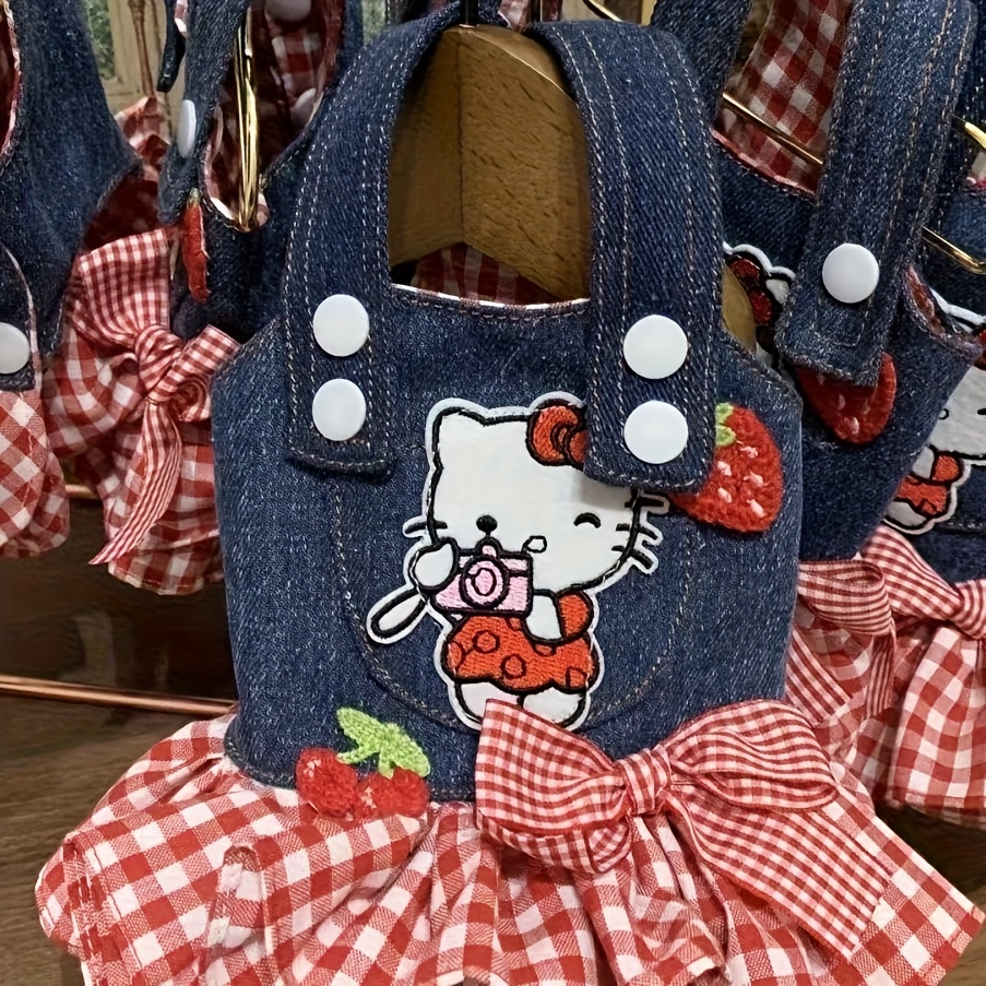 TEMU [ Genuine Authorization] Christmas Pets Spring And Summer And White Denim Plaid Splicing Pleated Skirt, Three-dimensional Bow Cherry Strawberry,