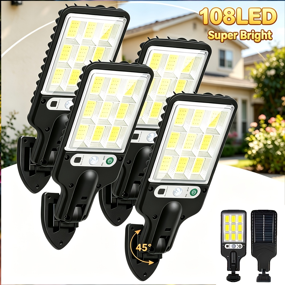 TEMU 4pcs Solar Outdoor Light: 108 Leds, Solar Security Light With Motion Sensor, 45° Adjustable Solar Wall Light, Suitable For Patios, Courtyards,