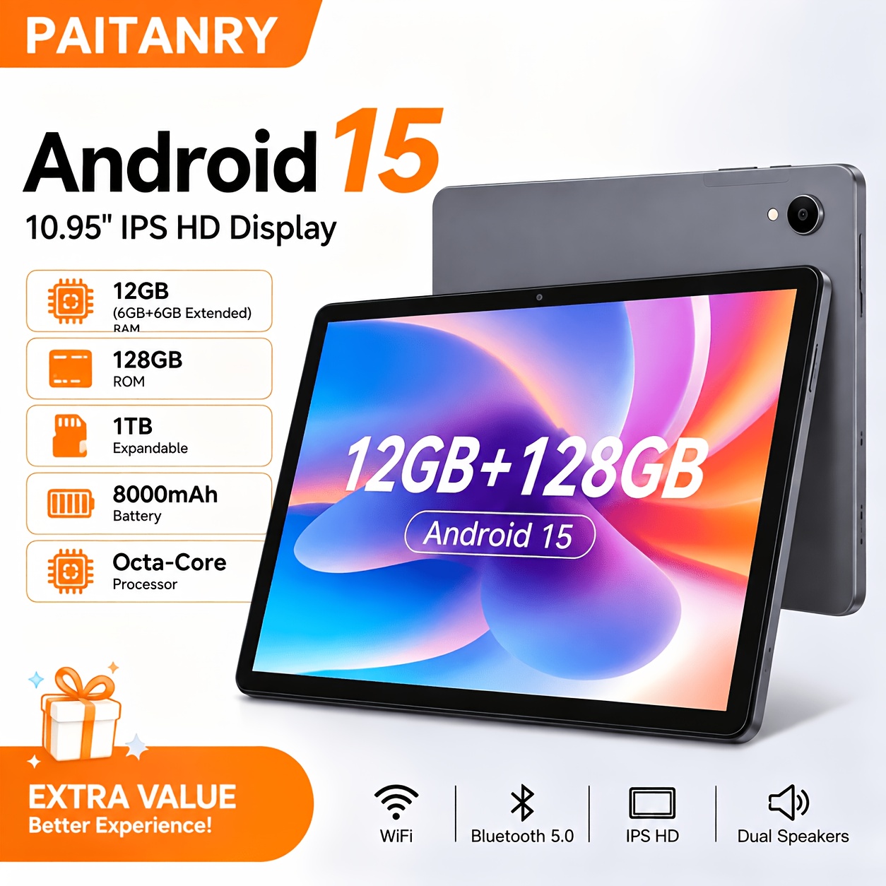 Paitanry 15 Tablet 10.95' Hd Ips, -core 12gb (6+6) 128gb Rom, 5mp+13mp Dual Camera, Gps, L1 , Ai, Tablet, Pad, Tablet, Pad