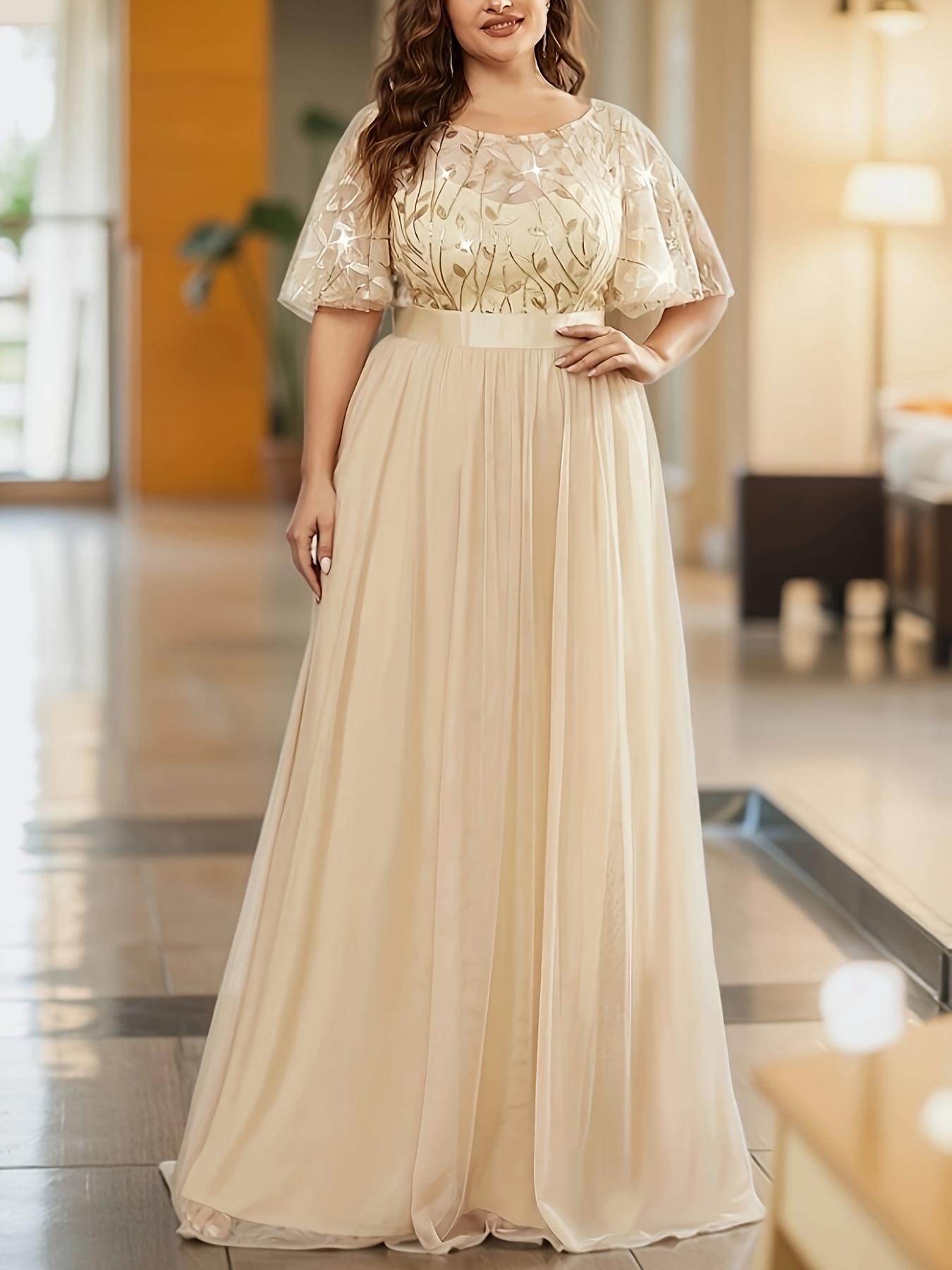 Plus Size - فستان سهرة أنيق بحجم كبير مع زينة زهور - فستان حفلات بدون أكمام بأسلوب A-Line، لون صلب، إغلاق بسحاب، قمة ملائمة وتنورة طويلة للزفاف والولائم والمناسبات الرسمية، ملابس زفاف للضيوف | فستان مزخرف بالزهور | خطوط مريحة