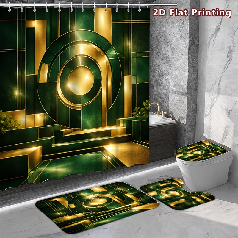 4pcs Geometric Art Deco Shower Curtain Set with Bath Mat