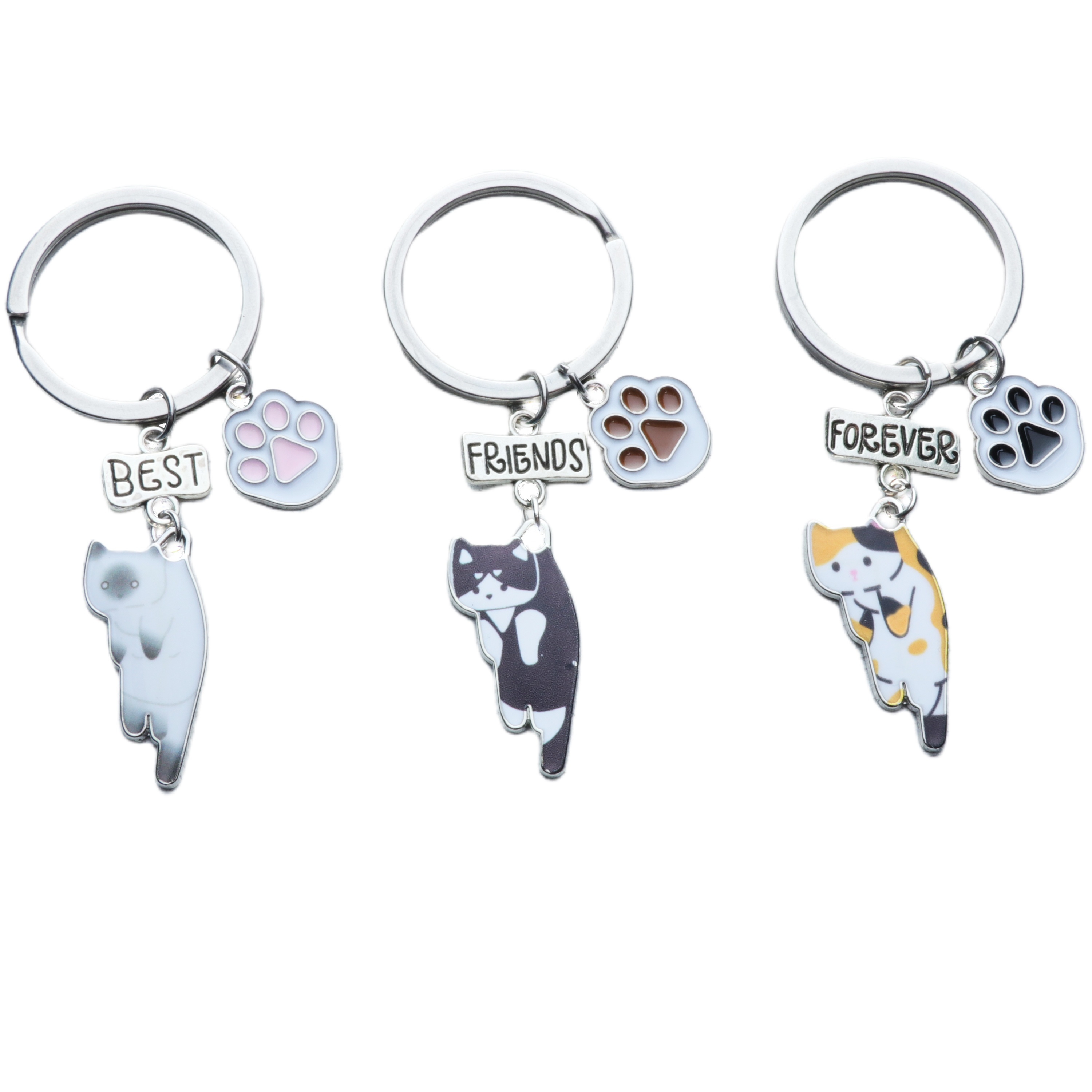 

3 Pcs Bff Cat Keychains, Best Friends Forever Engraved, Cute Cat & Paw Print Design Key Rings, Heart & Love Charms, Friendship Bag Graduation Accessory For Cat Lovers