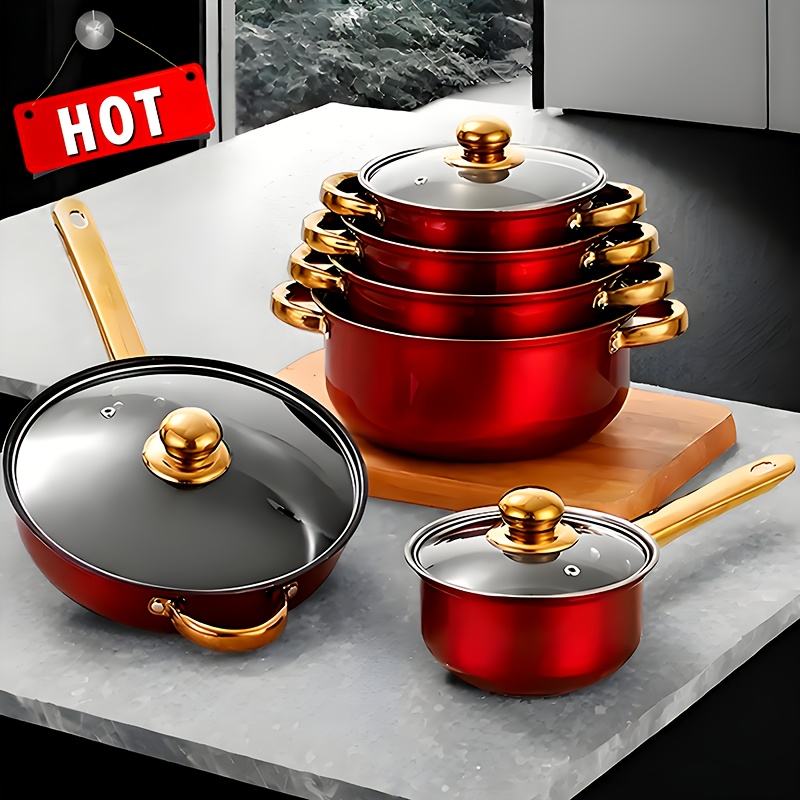 12pcs Stainless Steel Cookware Set, Anti-stick Cookware Set, Heat Resistant, , Saucepan, Wok, Versatile, Stylish, Durable, Perfect Gift For Ladies, Moms, Family,
