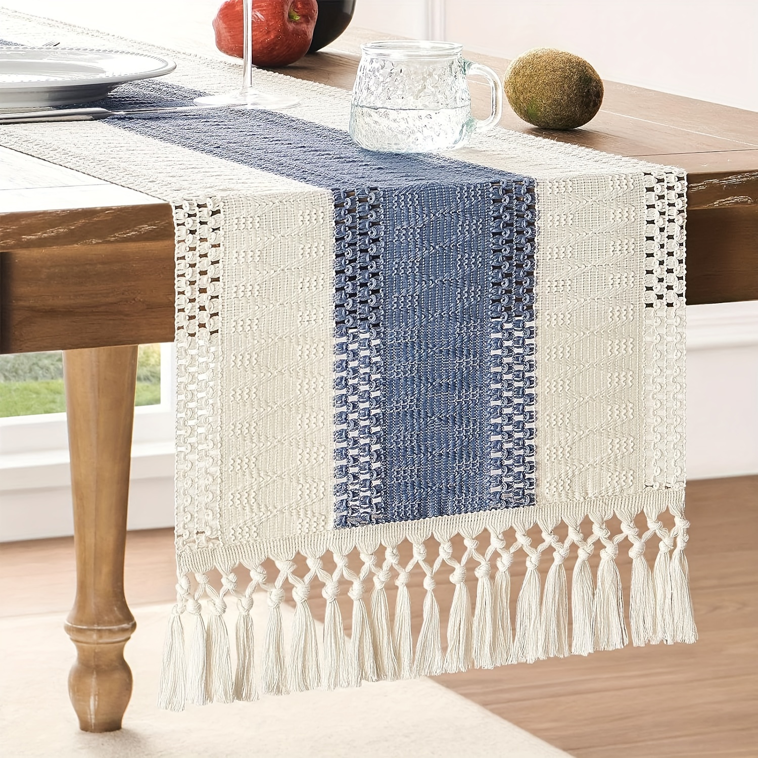 

Bohemian Blue Woven Table Runner - 12x72 Inches, Patchwork Design With Tassels, Polyester Farmhouse Decor