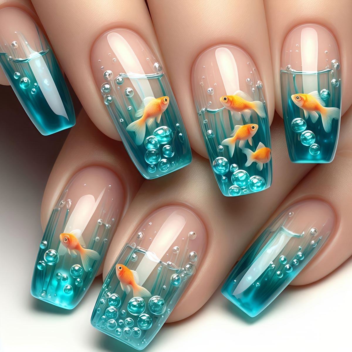 TEMU Medium-length Sky Blue Ocean Gradient Glossy Effect Press-on Pointed Nails, Seashell Star Nail Stickers, Coral Press-on Nail Art Accessory
