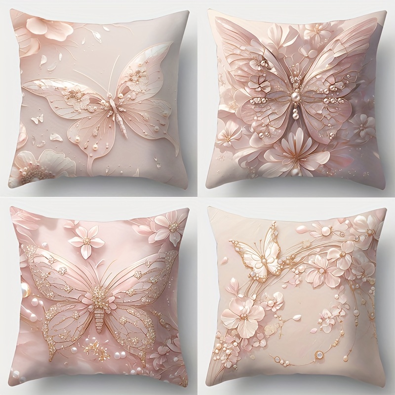 

4-pack Butterfly Throw Pillow Covers - Contemporary Zippered Polyester Cushion Cases, Hand Wash Only, Woven Floral Print For Living Room Decor - Pink