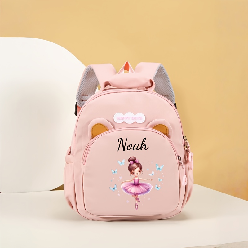 TEMU 1pc Back-to- Personalized Bear Ears Women's Backpack, Customizable With Self- Name, Text, Or , Featuring A Cute Cartoon Ballerina Print Design.