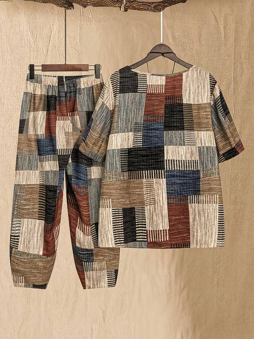 dj103027 spring and wear set featuring a geometric round neck short sleeve top with carrot pants for women