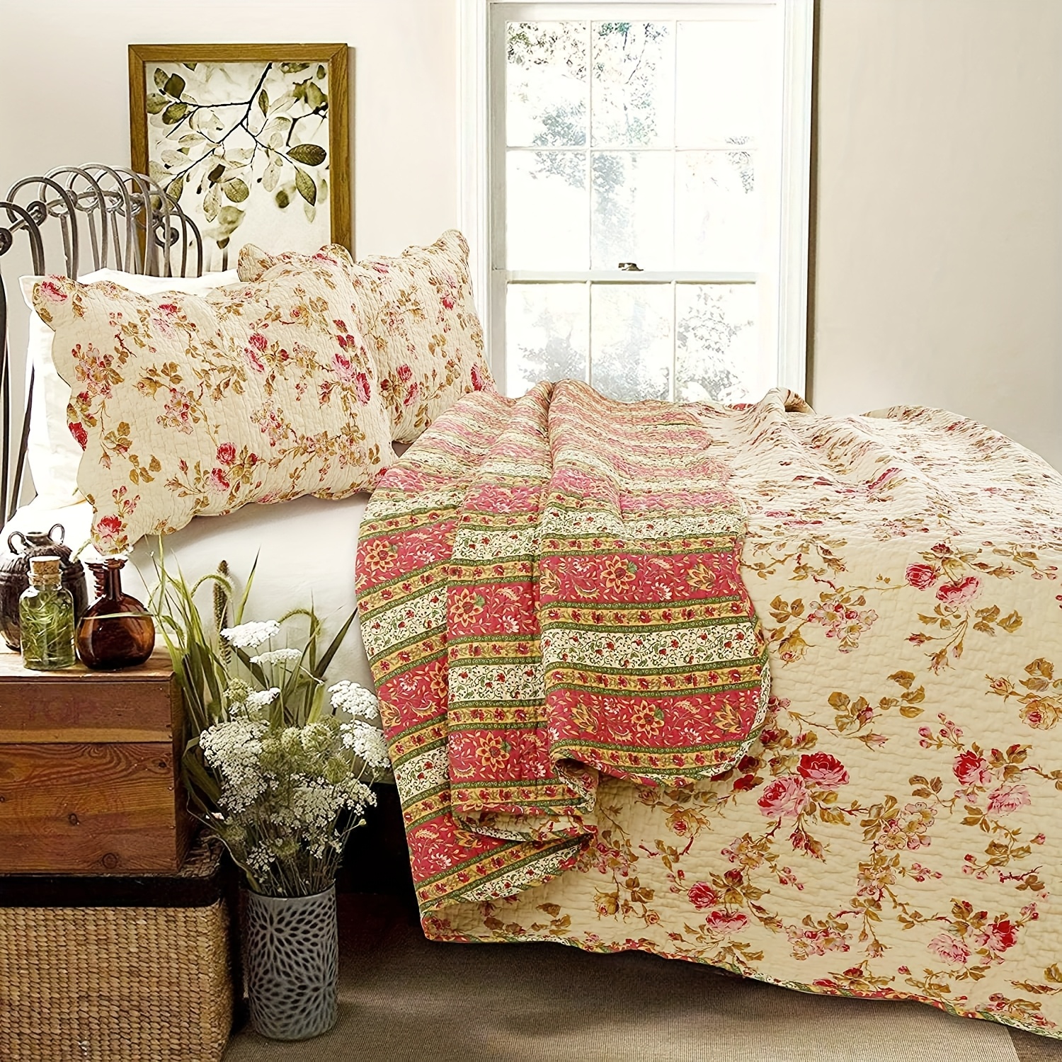 TEMU 100 Cotton 3pcs Floral Quilt Bedding Set, Lightweight Bedspread Coverlet For