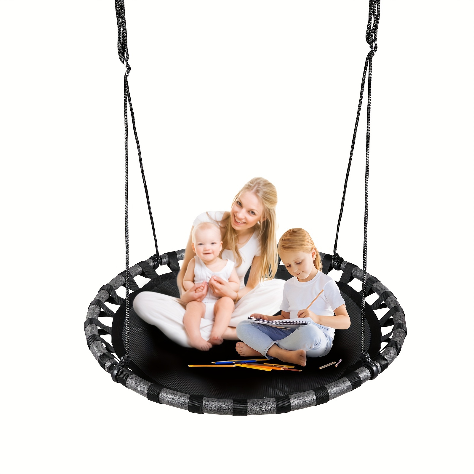 

43" Saucer Tree Swing, 360° Rotate Waterproof Flying Saucer Swing With Swivel, Hanging Straps, Adjustable Ropes, Round Mat Spinner Swing For Tree/swing Set (strap-black)