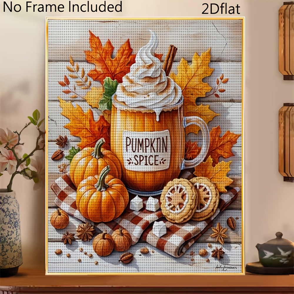 TEMU 1 pièce Nouveau kit de point de croix imprimé cadre à soi- pour adulte, motif 2D « Scène d'automne Boisson à la citrouille et à l'épices »,