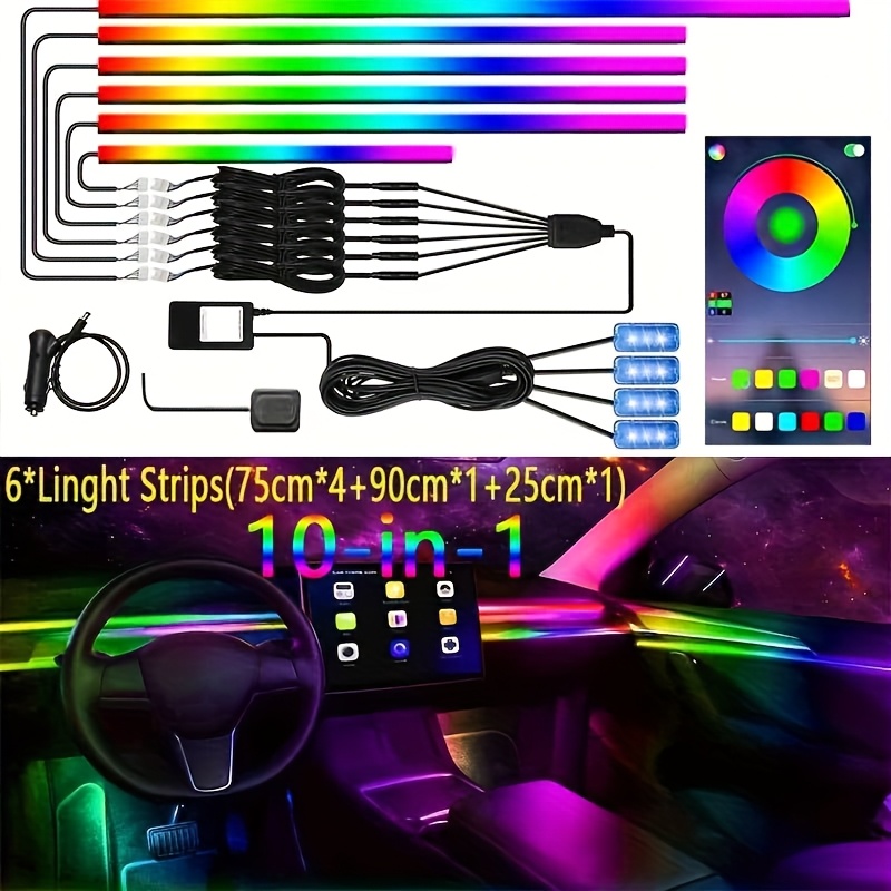 TEMU Acrylic Interior Led Lights With Wireless App, Rgb 10 With 1, 175-inch 593 Led Fiber Optic Ambient Lighting Kit, Sound Active Feature Automotive