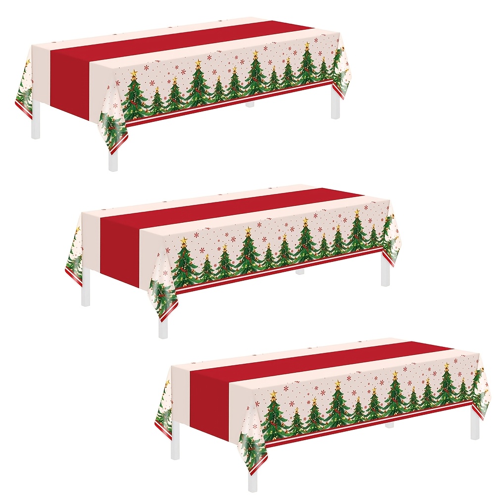TEMU 3-delige Wegwerp Plastic Tafelkleed in Vintage Kerststijl, Rood-witte Strepen met Prachtige Kerstboom- en Sneeuwvlokprint, Sterke Feestelijke