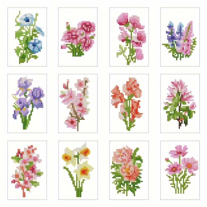 

12pcs 5d Diy Mini Square Diamond Painting Kit - Vibrant Floral Designs, Cartoon Flowers On Oil Canvas, Home Decor Craft, Ideal Handmade Puzzle Gift For Family & Friends, Diamond Art Kits