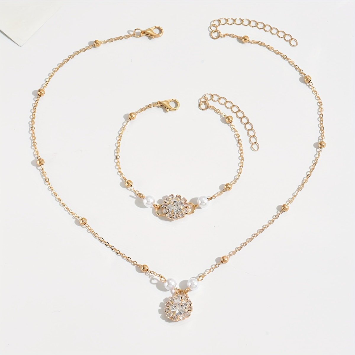 Image of Luxurious And Elegant Cubic Synthetic Zirconia Women's Jewelry Set, Detailed With & Ccb Golden Bead Accents, Suitable For Weddings And Banquets, Includes Necklace & Bracelet