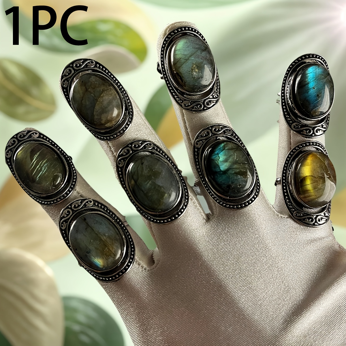 E-shop 1 Stück/Set Vintage Bohemian Naturstein Ring für Damen Herren – Verstellbarer Ring, Antik Silberner Labradorit Ring, Cabochon Labradorit mit