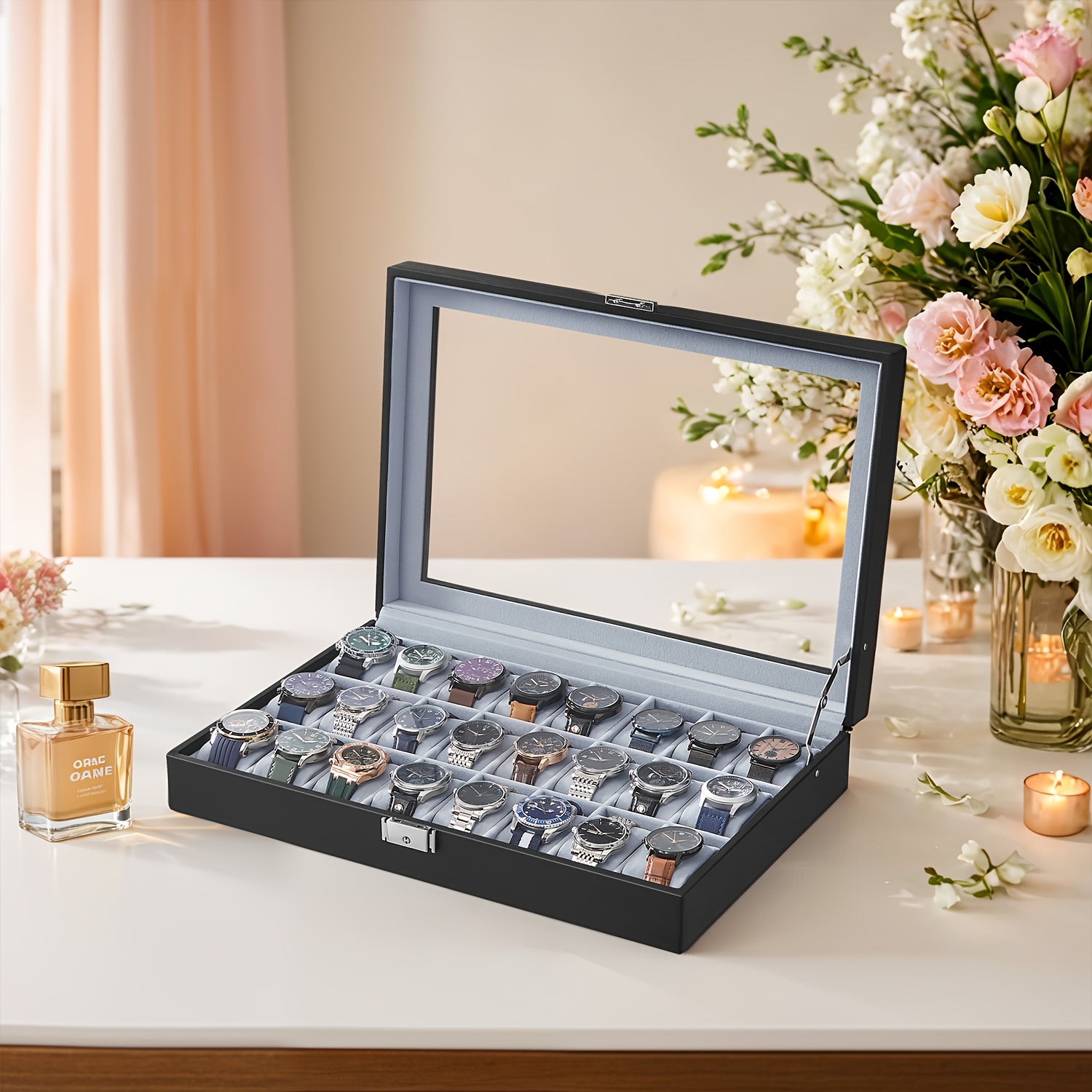Watch Box, Lockable Watch Case, Watch Case, Organizer For Watches, With 24 Compartments, Glass Lid, Gift For , Pu Cover In Black, Velvet Lining In Gray, X 8cm