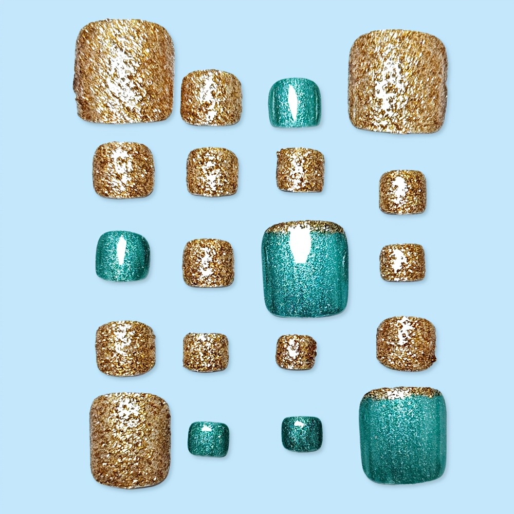 TEMU 24pcs Glossy Glitter Green And Golden Fake Toe Nails False Toe Nails For Women And