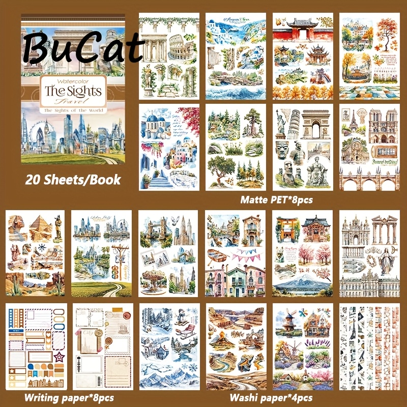 Image of A Set Of 20 Large Pre-cut Matte Stickers Featuring World Landmarks, Designed For Scrapbooking, Journaling, And Planners, Made From Dual-material Washi Pet