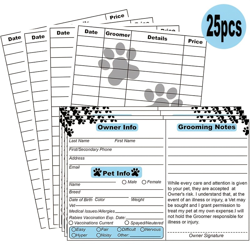 

25-pack Pet Grooming Cards, 4x6 Inches, Grooming Customer Cards With Owner Information And Pet , Card Stock For Professional Groomers