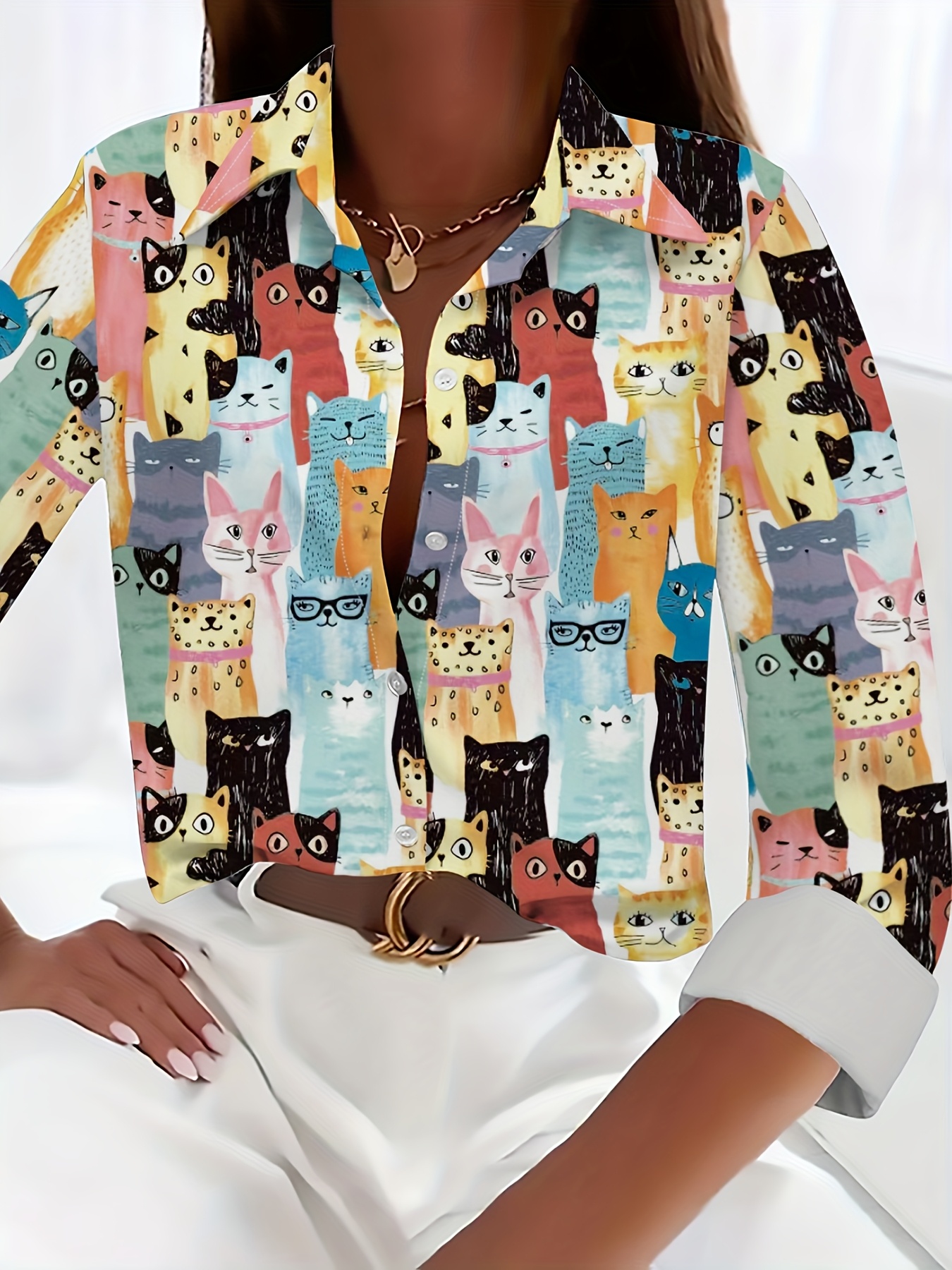 Women's Elegant Cat Print Blouse Digital Printed Striped Shirt with  Feline Patterns, Semi-Sheer Fabric Classic Collar, Button Front