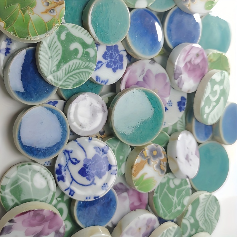 

100g Assorted Round Ceramic Mosaic Tiles Mix, Floral Patterns, Ideal For Diy Crafts, Decorative Accents, Pool, Bathroom, And Outdoor Projects - Diverse Styles