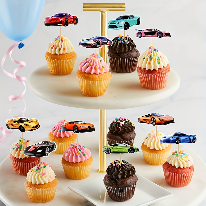 

12-pack Race Car Cupcake Toppers, Bamboo & Paper Sports Car Themed Cake Decorations For Baby Shower, Birthday Party, Casino Events, No Electricity Needed, Feather-free Tailgating Supplies