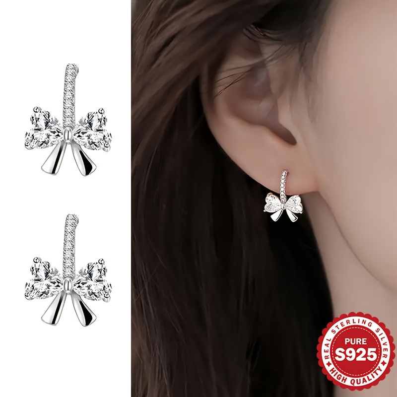 

1 Pair Sterling Silver 925 Cubic Zirconia Bow Earrings, Elegant & Luxurious Design, Hypoallergenic Butterfly Studs For Daily Wear And Weddings, 0.11oz