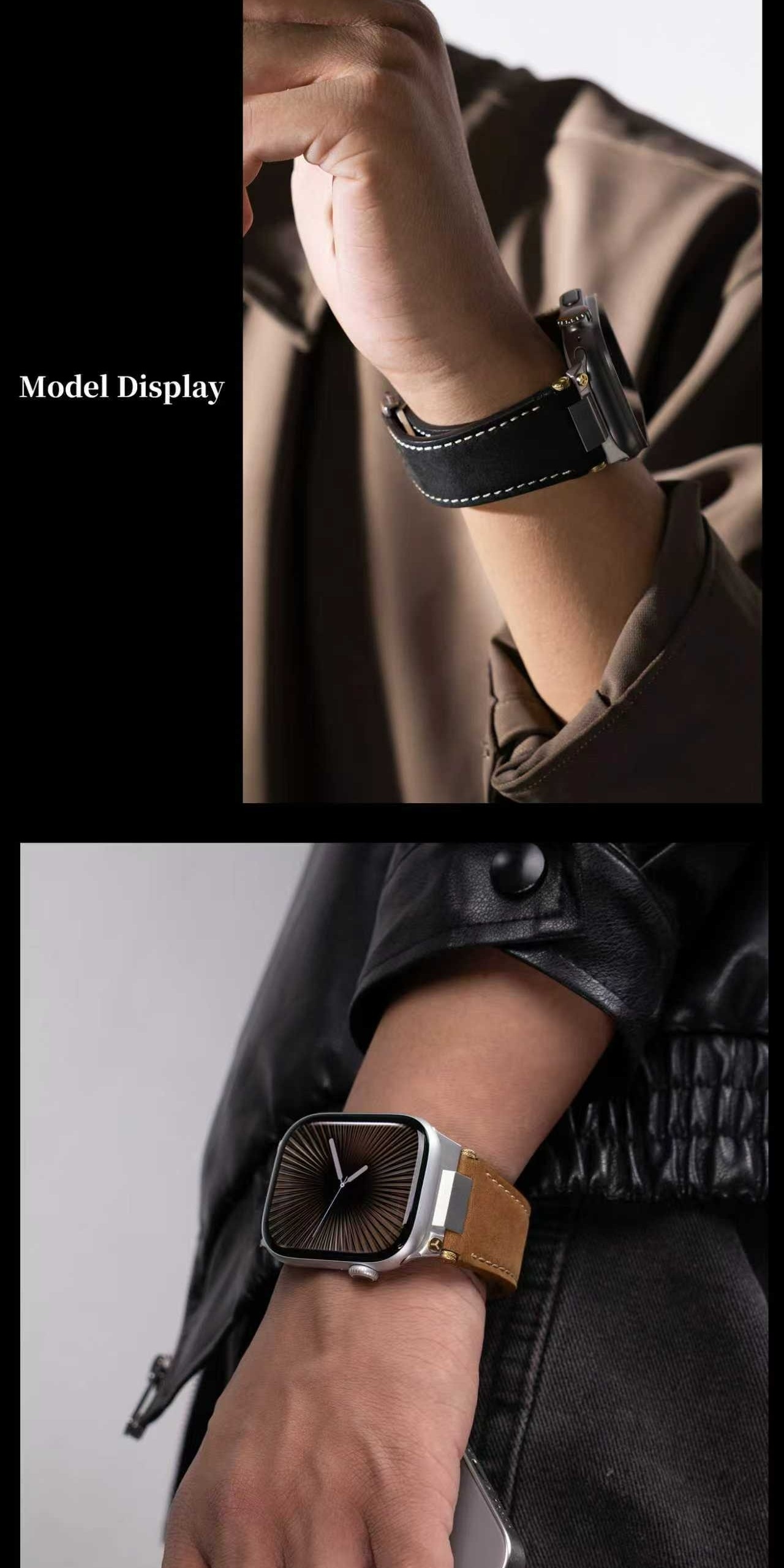 Handmade Wild Horse from Cowhide Is Suitable for iWatch S11/ Ultra3. It Features a Stainless Steel Folding Buckle and a 316L Stainless Steel Connector with Golden Studs.