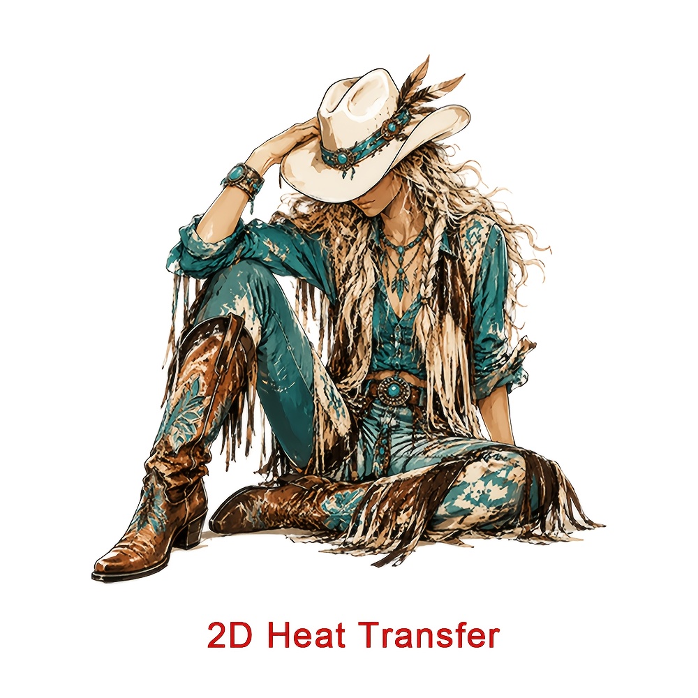 TEMU 3pcs Vintage Western Style Seated Cowgirl Heat Transfer Stickers, Turquoise Embellished Wide-brim Hat With Tassels Themed Pattern, Iron-on And