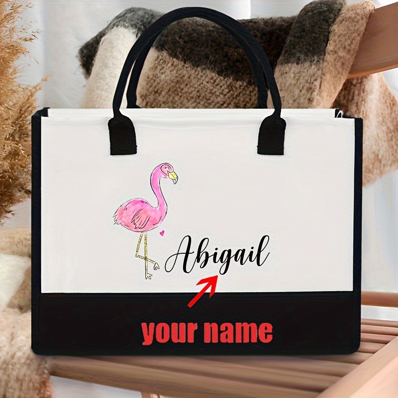 

Custom Name Canvas Tote Bag - Large, Stylish Beach & Shopping Shoulder Bag With Monogrammed Design - Perfect Gift For Women And Flamingo Enthusiasts