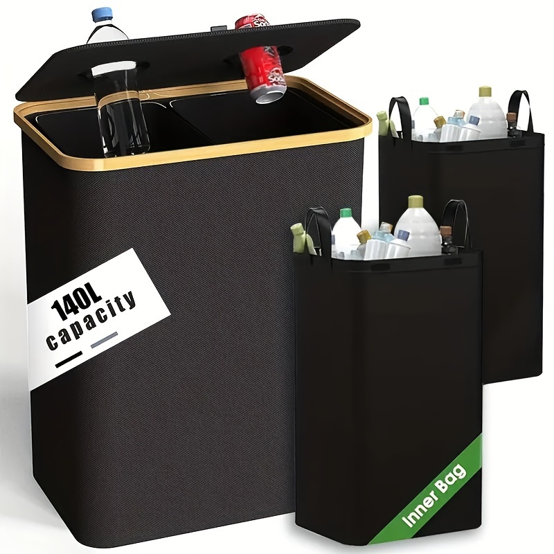 

Extra Large 36.98 Gallon Kitchen Recycling Box With 2 Reusable Bags - Foldable, Multi-compartment Trash Can For Glass, Paper, Plastic And Metal Bottles - Sustainable Storage Solution