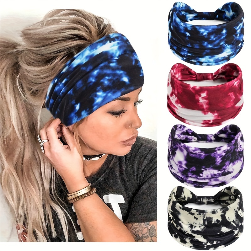 

4pcs Boho Chic Tie-dye Wide Headbands - Sweat-wicking, Stretchy Yoga & Fitness Hair Bands For Women