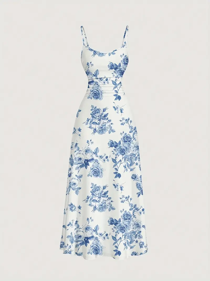 elegant blue white floral midi dress women sleeveless - Temu elegant blue white floral midi dress women sleeveless - Temu