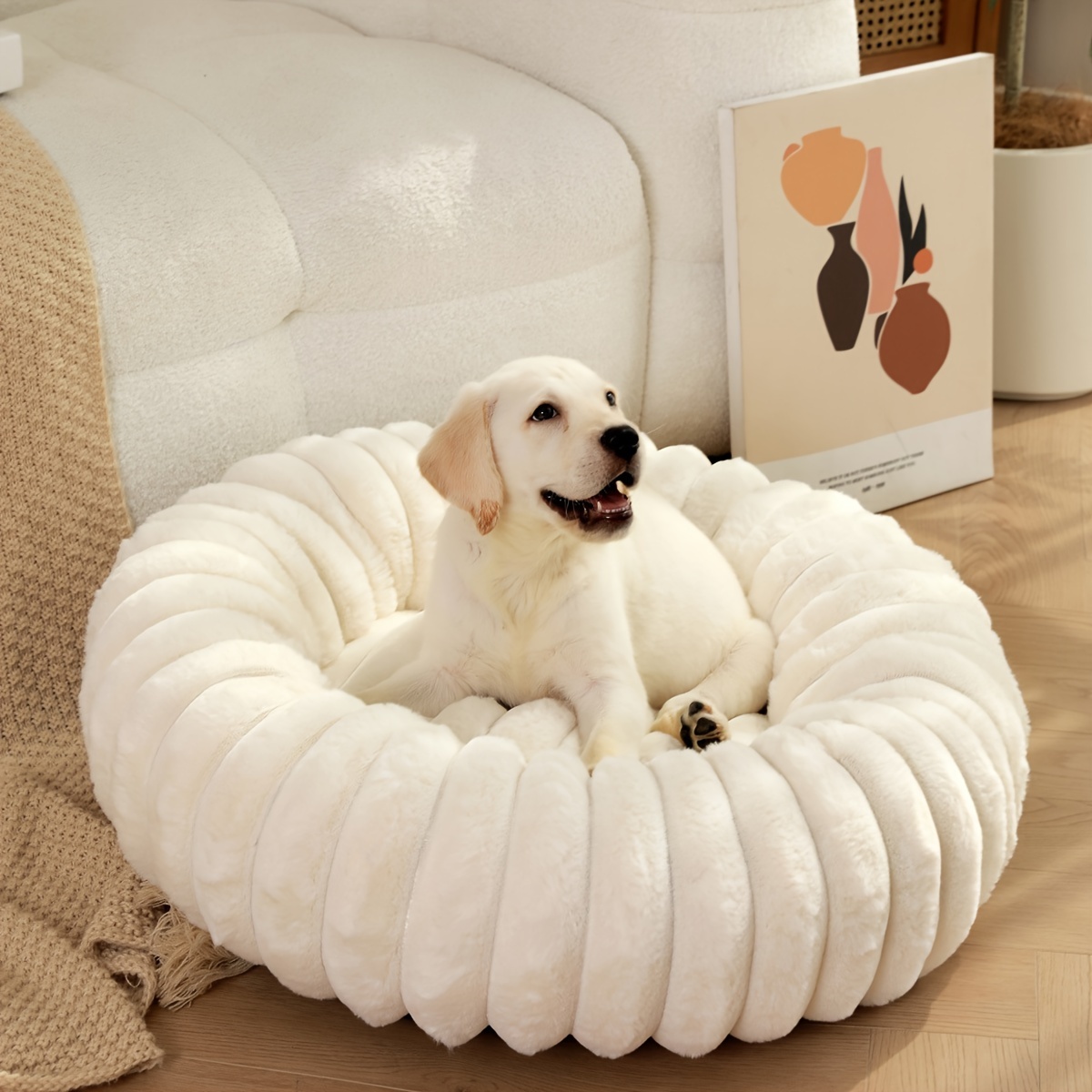 

1pc Long Plush Dog Nest, Soft Fluffy Dog Sleeping Bed Cushion Mat, Round Warm Kennel House