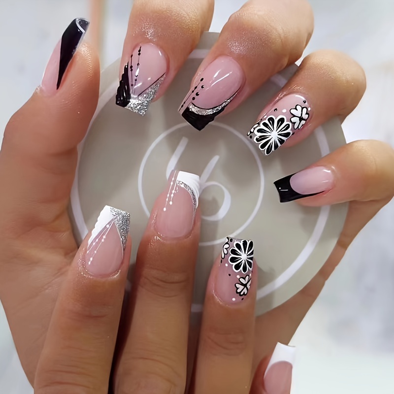 TEMU 24pcs Glittering Black And White Short Ballet Press-on Nails With Sweet Flowers And Glitter, Includes Jelly Glue And Nail File, Perfect For And