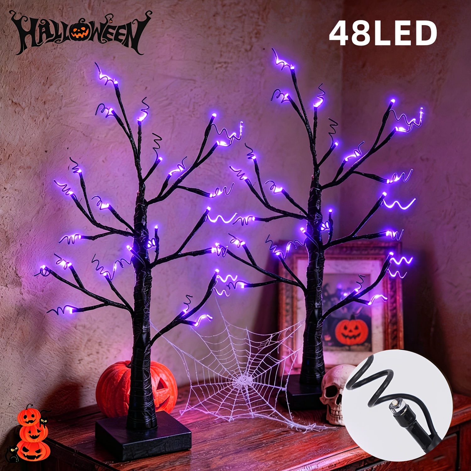 TEMU 2-pack Halloween Indoor Decorative Lights - 48 Leds Total, Usb & Battery Powered, Memory Timer Function, Decorative Shapes, Black Haunted Tree,