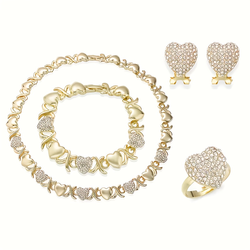 TEMU This Is A 4pcs Jewelry Set Featuring A Stylish With Heart-shaped Made Of Shiny Synthetic Zirconia, Including A Necklace, Bracelet, Earrings, And