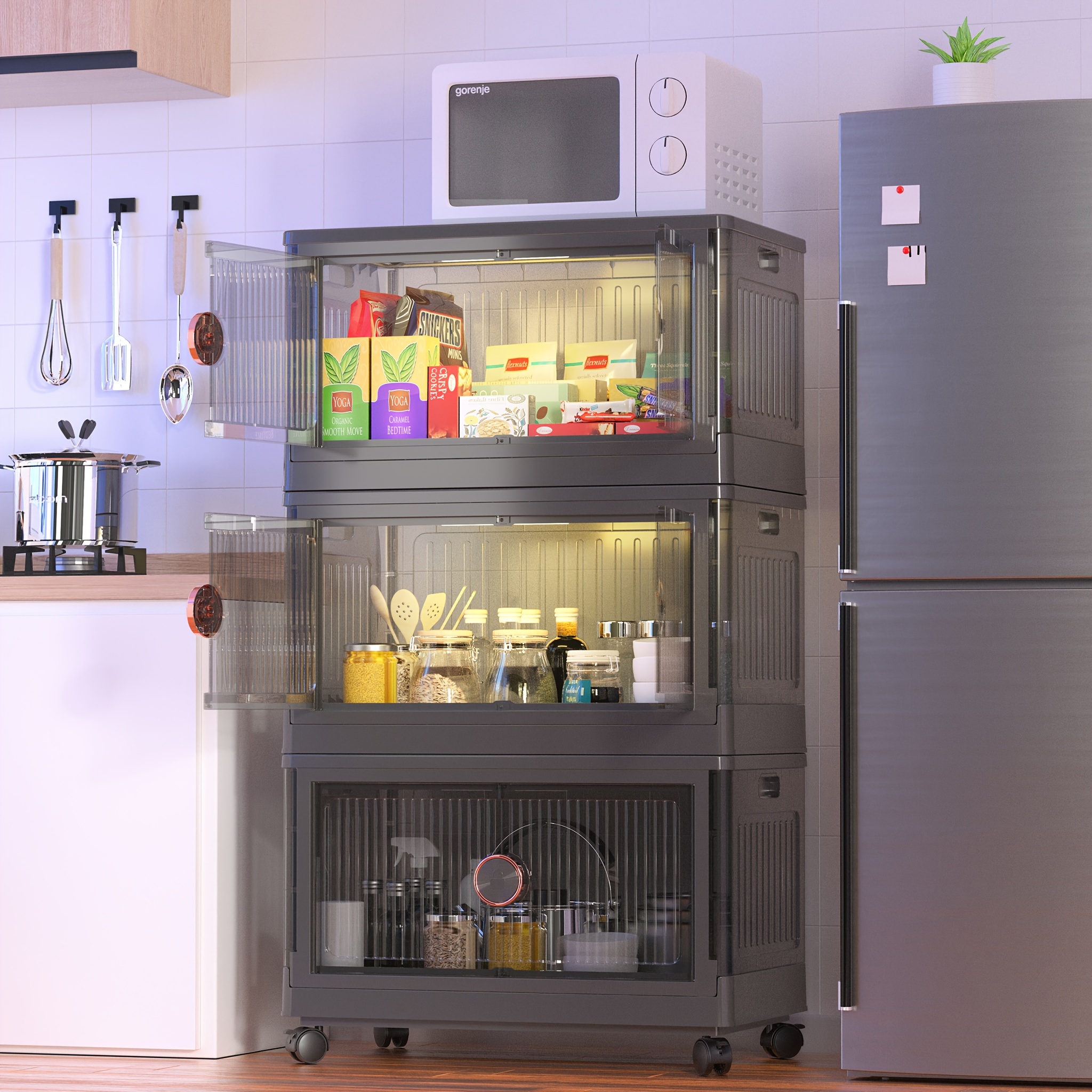 TEMU Led Light 19.5gal Big Lidded Collapsible Storage Bins, Plastic Folding Storage Cabinet Stackable Utility Crates Foldable Storage Container With Door And Universal Wheels