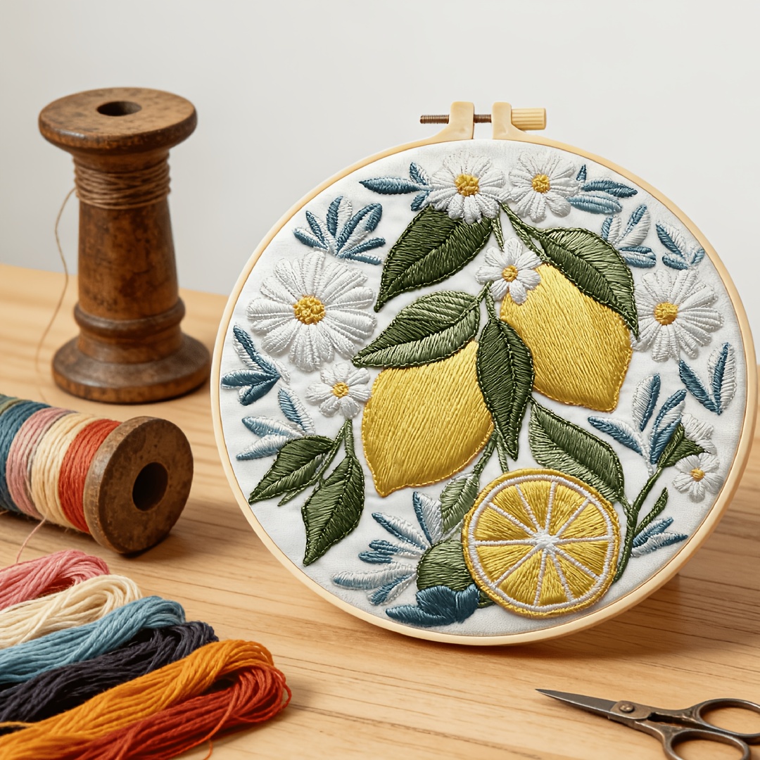 TEMU Adult Beginner Embroidery Kit, Lemon Flower And Leaf Pattern Hand Embroidery Starter Kit. The Embroidery Kit Includes An Embroidery Canvas With