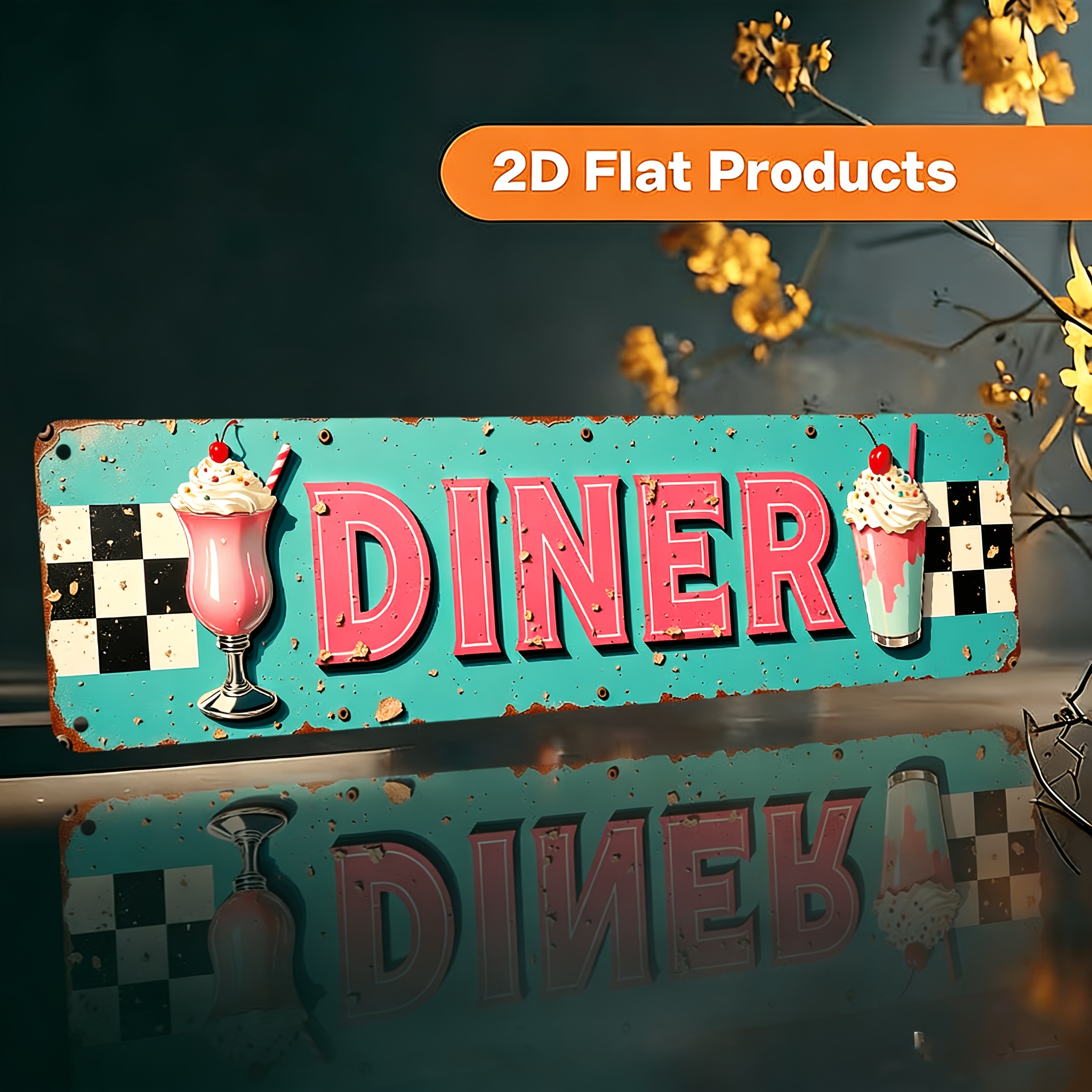 TEMU 2d Flat - Vintage Diner Sign, 2d Design, Showcasing And Cream, With Vibrant Patterns, Ideal For Restaurants, Cafes, Kitchens, Bars, And Other