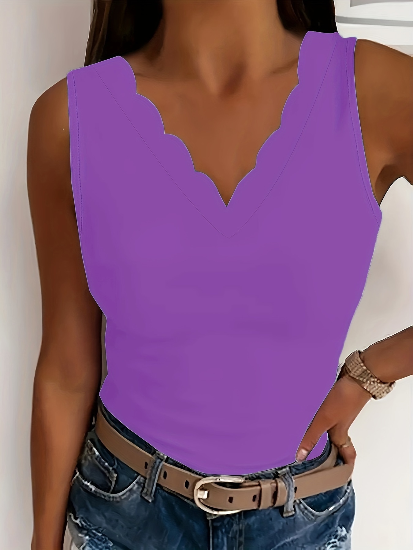 Plus Size Scallop Trim Tank Top, Casual Sleeveless V Neck Tank Top For Summer, Women's Plus Size?Clothing