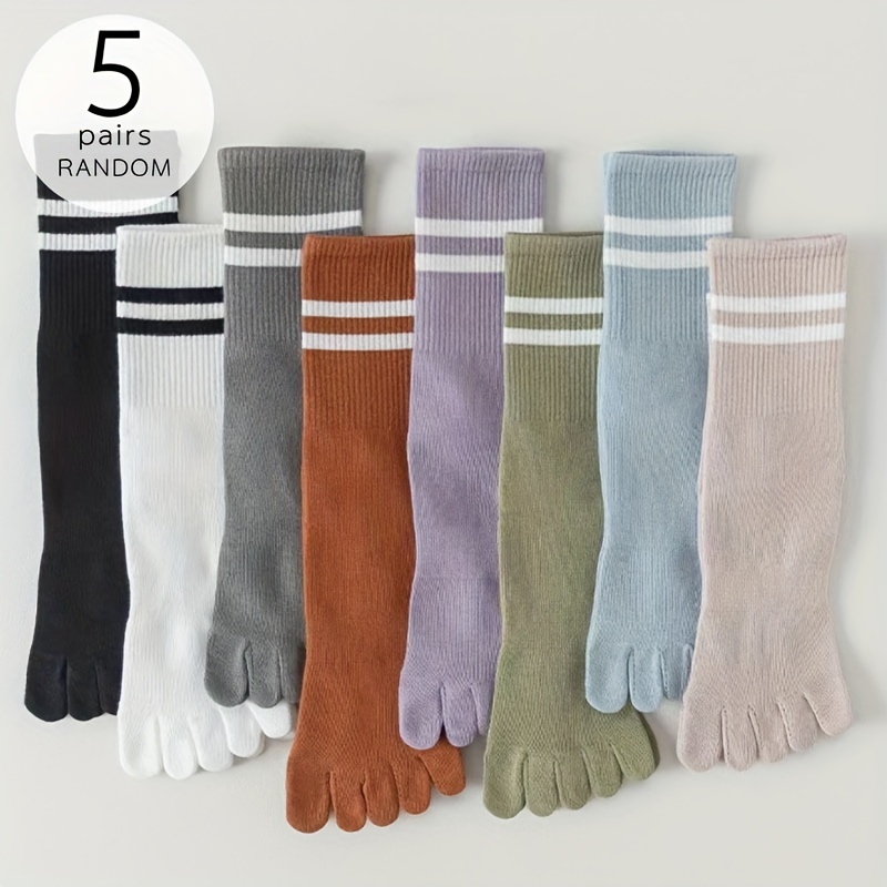 Image of Random 5 Pairs Double Striped Toe Socks, Comfortable Easy Mid-calf Socks, Women's Long Socks And Casual Socks - Suitable For Autumn And Winter
