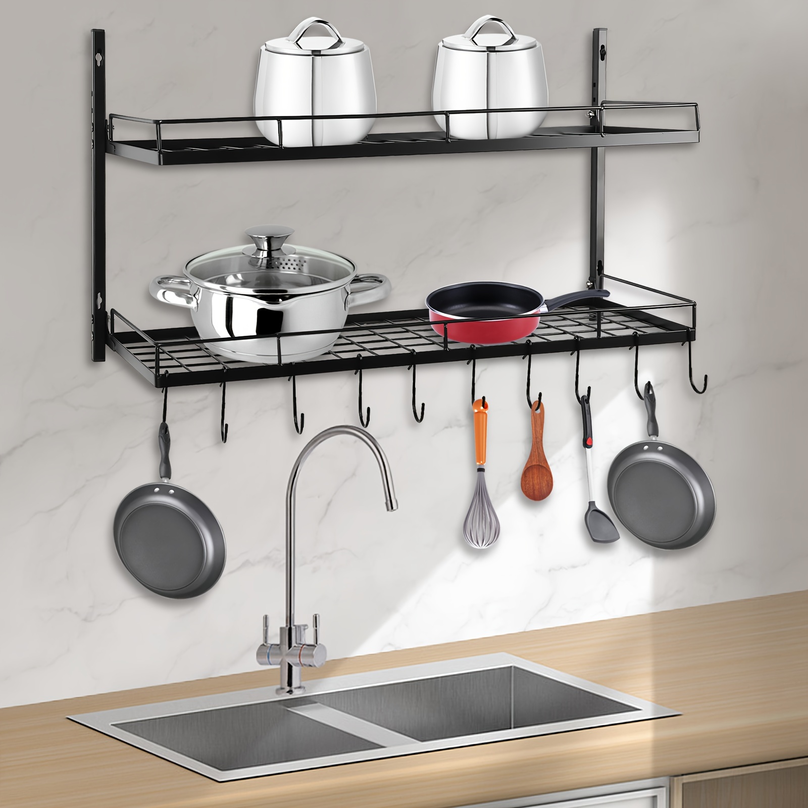 

Wall-mounted Pot Rack Wall-mounted 2-tier Pot Rack With 10 Hooks Kitchen Pot And Dish Storage Rack, Double Wall Mounted Shelf Pot Rack